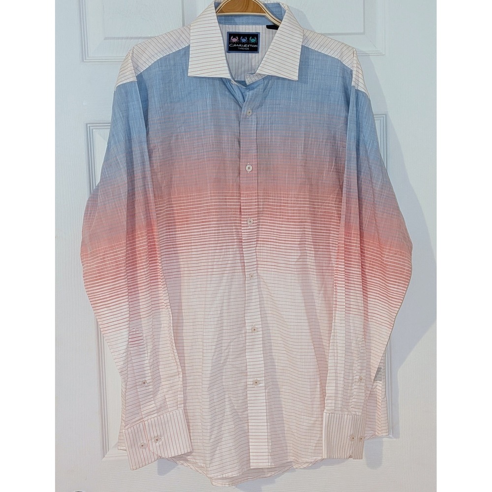 Charleston Threads Mens Ombre Stripe Button Down Shirt Blue Coral‎ Large NWT